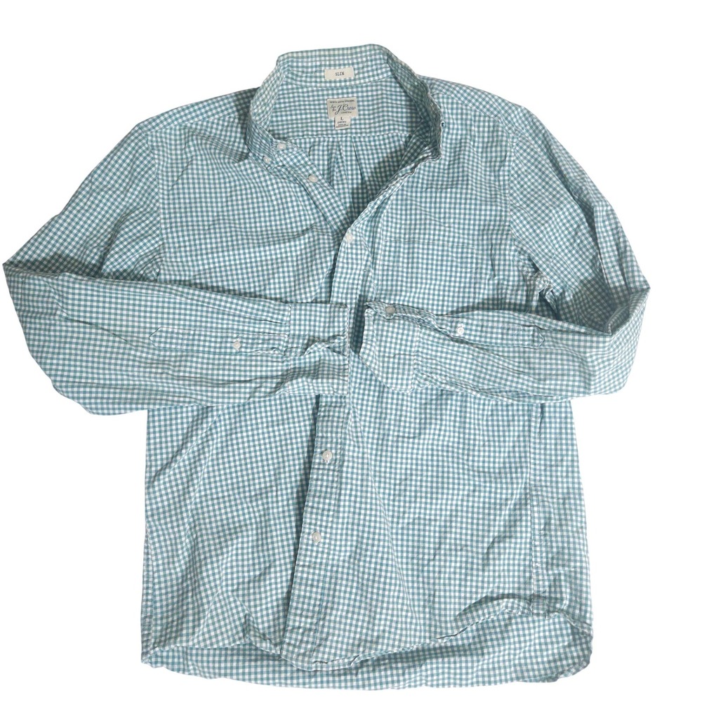 J.Crew Secret Wash Slim Stretch Gingham Button Down Shirt Green White L Short